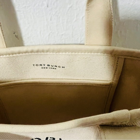 Tory Burch Mini Mercer Canvas Tote Cream with Black Leather on Handles NWOT - Picture 5 of 10